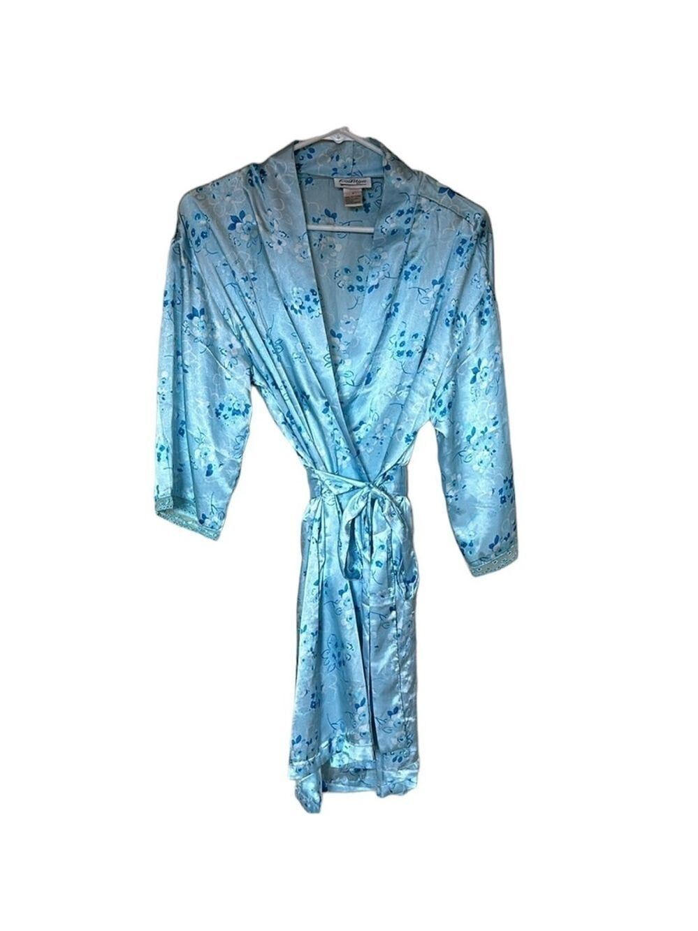 KATHRYN Satin Wrap Robe Blue Floral Womens Sz S
